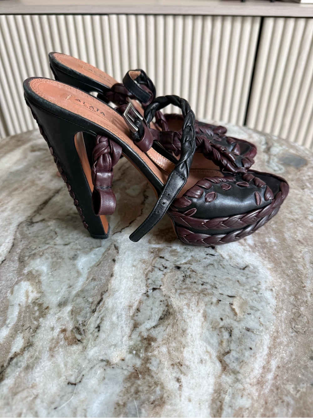 ALAÏA Paris Leather Platform Heels Black Burgundy Braided Sandals 39